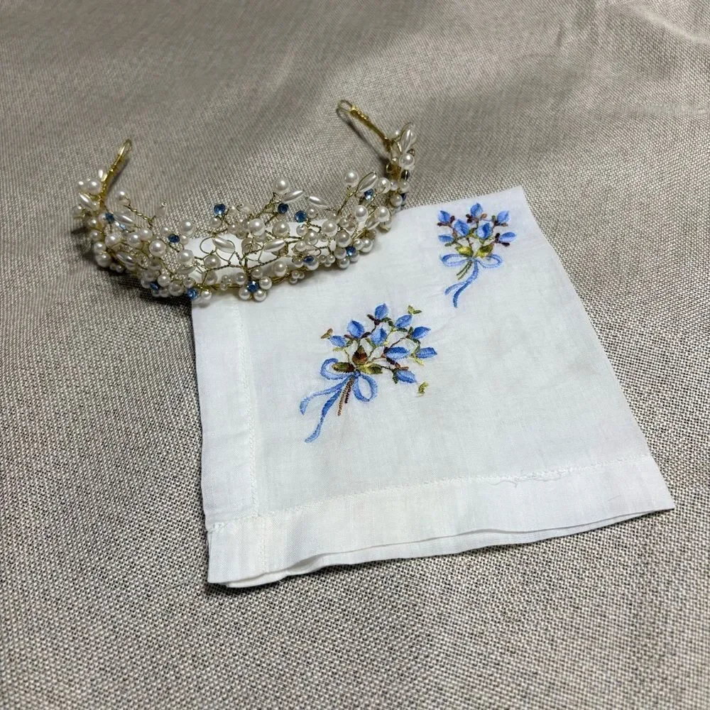 Vintage Hand Embroidered Floral Handkerchief Blue Forget Me Not Hanky